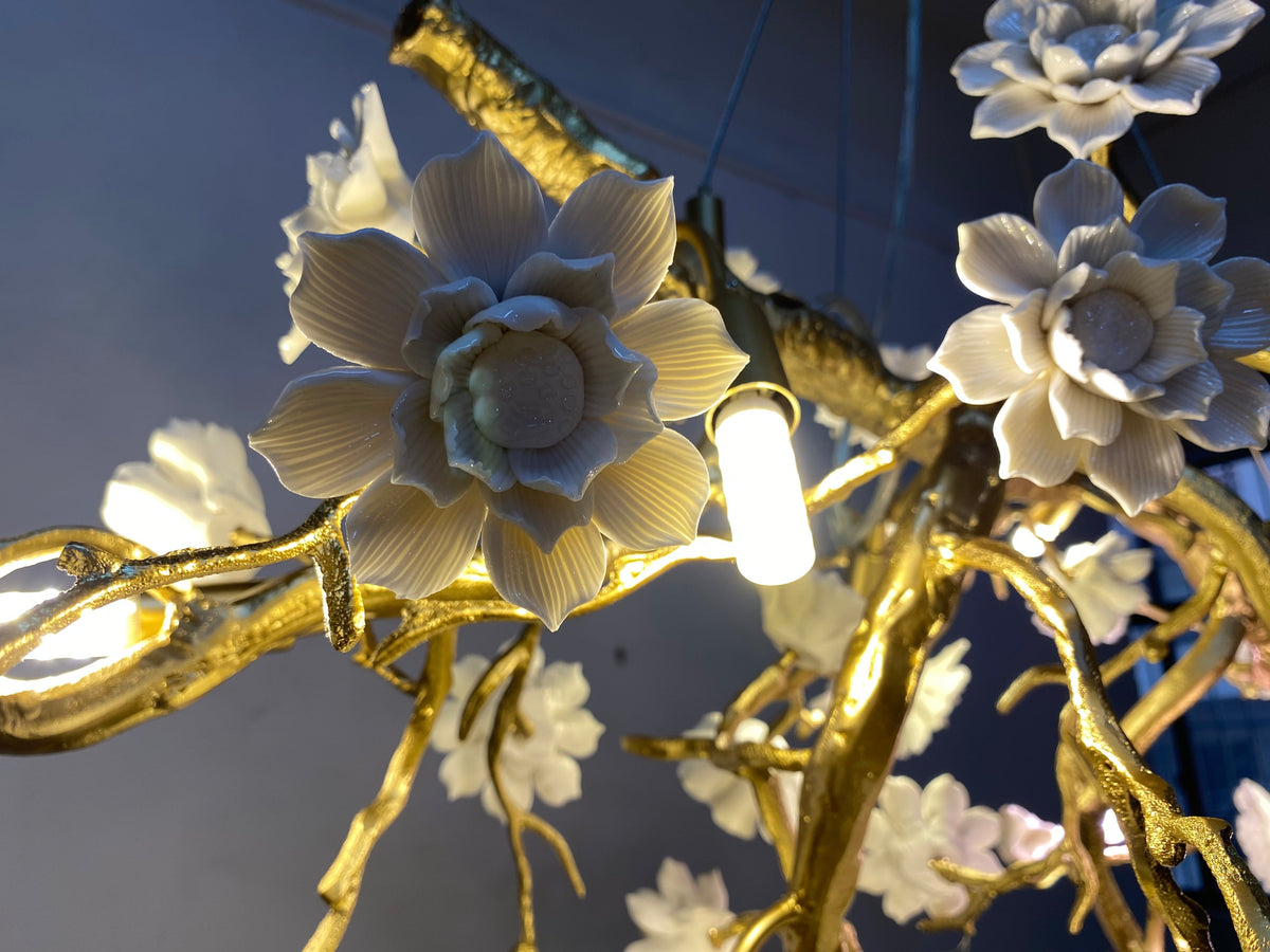 Post - Modern Art Brass and Ceramics Flower Pendant Branch Chandelier for Living/Dining Room - L49.2"*W19.7"*H21.7"Warm Lightcasivra