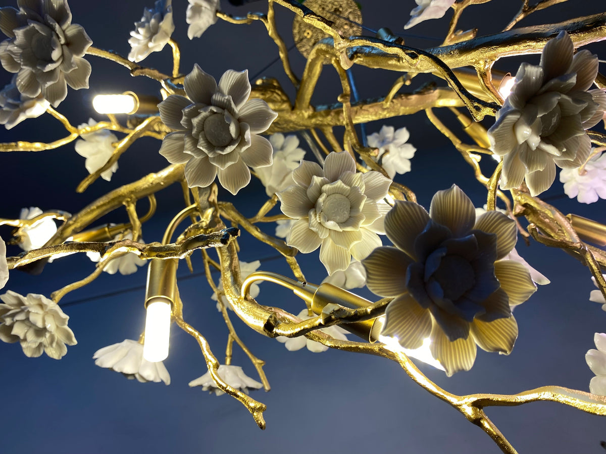 Post - Modern Art Brass and Ceramics Flower Pendant Branch Chandelier for Living/Dining Room - L49.2"*W19.7"*H21.7"Warm Lightcasivra