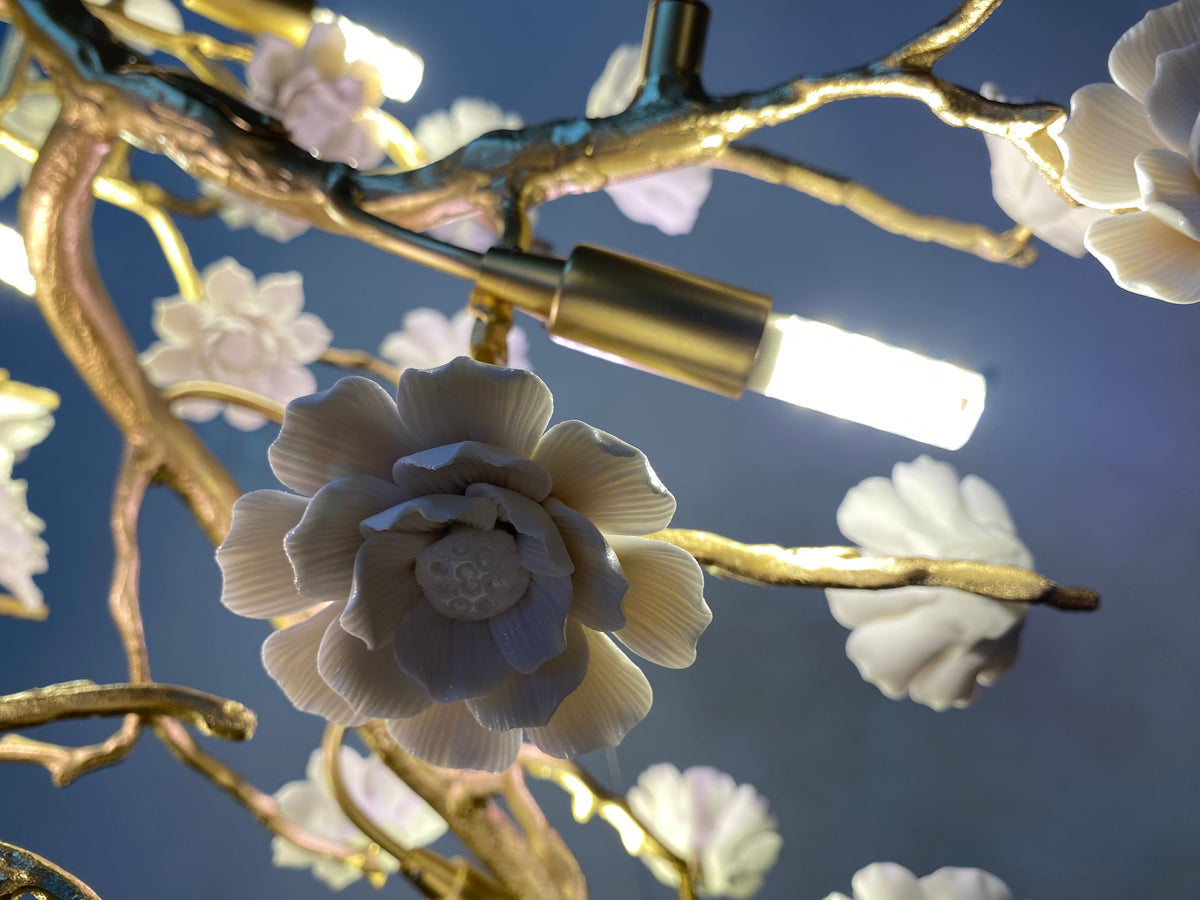 Post - Modern Art Brass and Ceramics Flower Pendant Branch Chandelier for Living/Dining Room - L49.2"*W19.7"*H21.7"Warm Lightcasivra