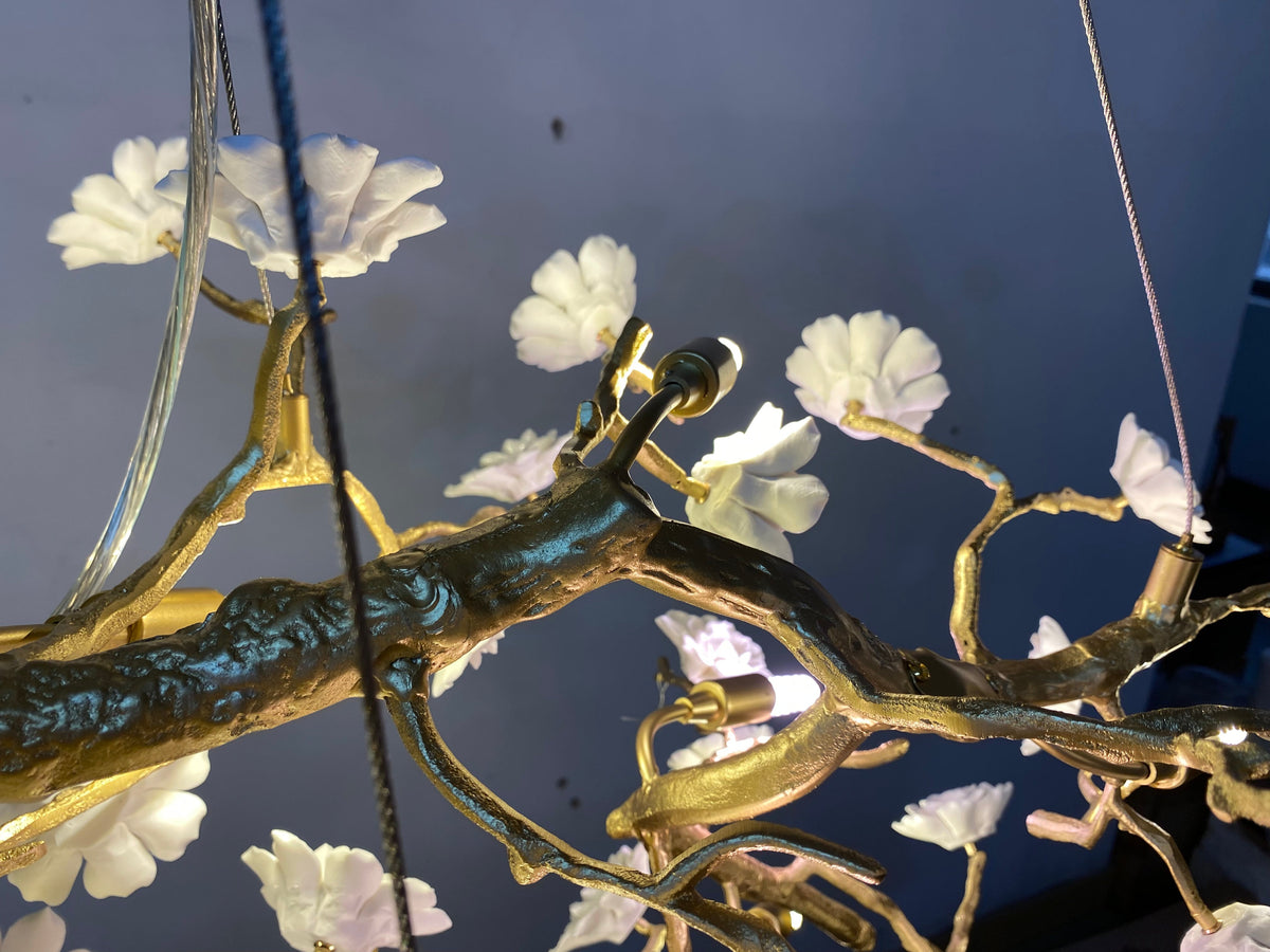 Post - Modern Art Brass and Ceramics Flower Pendant Branch Chandelier for Living/Dining Room - L49.2"*W19.7"*H21.7"Warm Lightcasivra