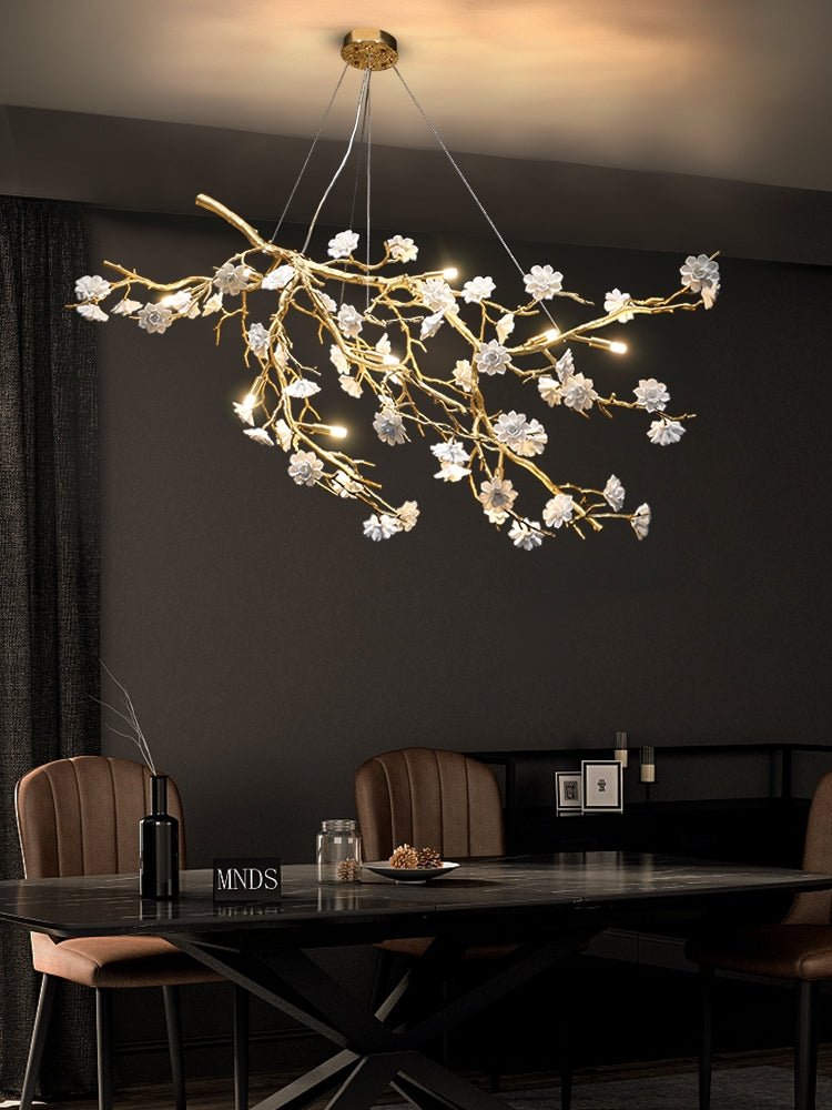 Post - Modern Art Brass and Ceramics Flower Pendant Branch Chandelier for Living/Dining Room - L49.2"*W19.7"*H21.7"Warm Lightcasivra