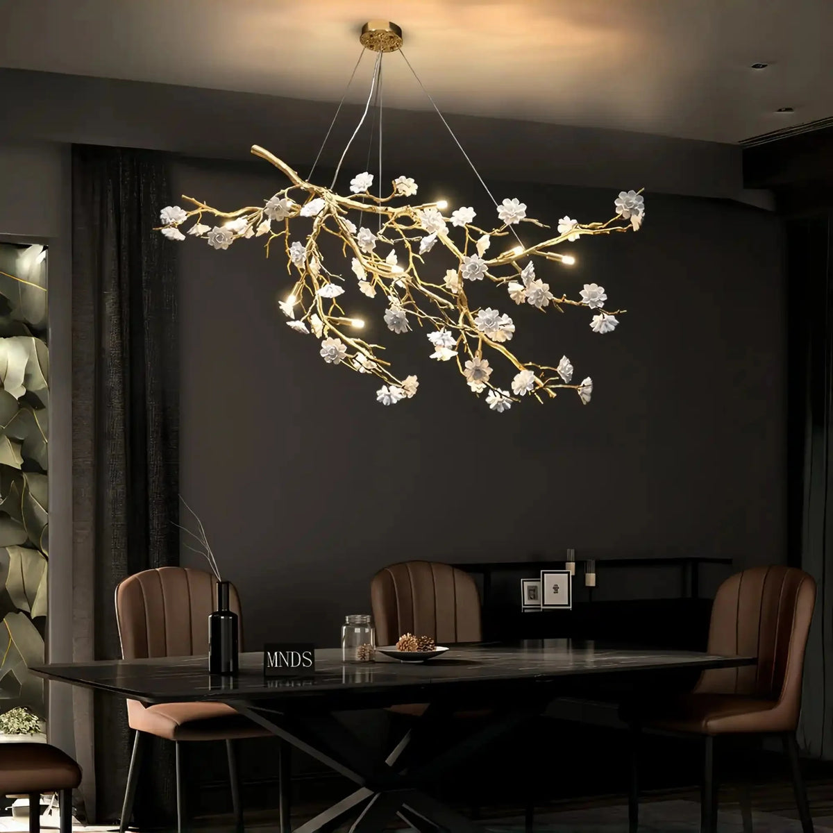 Post - Modern Art Brass and Ceramics Flower Pendant Branch Chandelier for Living/Dining Room - L33.5"*W19.7"*H19.7"Warm Lightcasivra