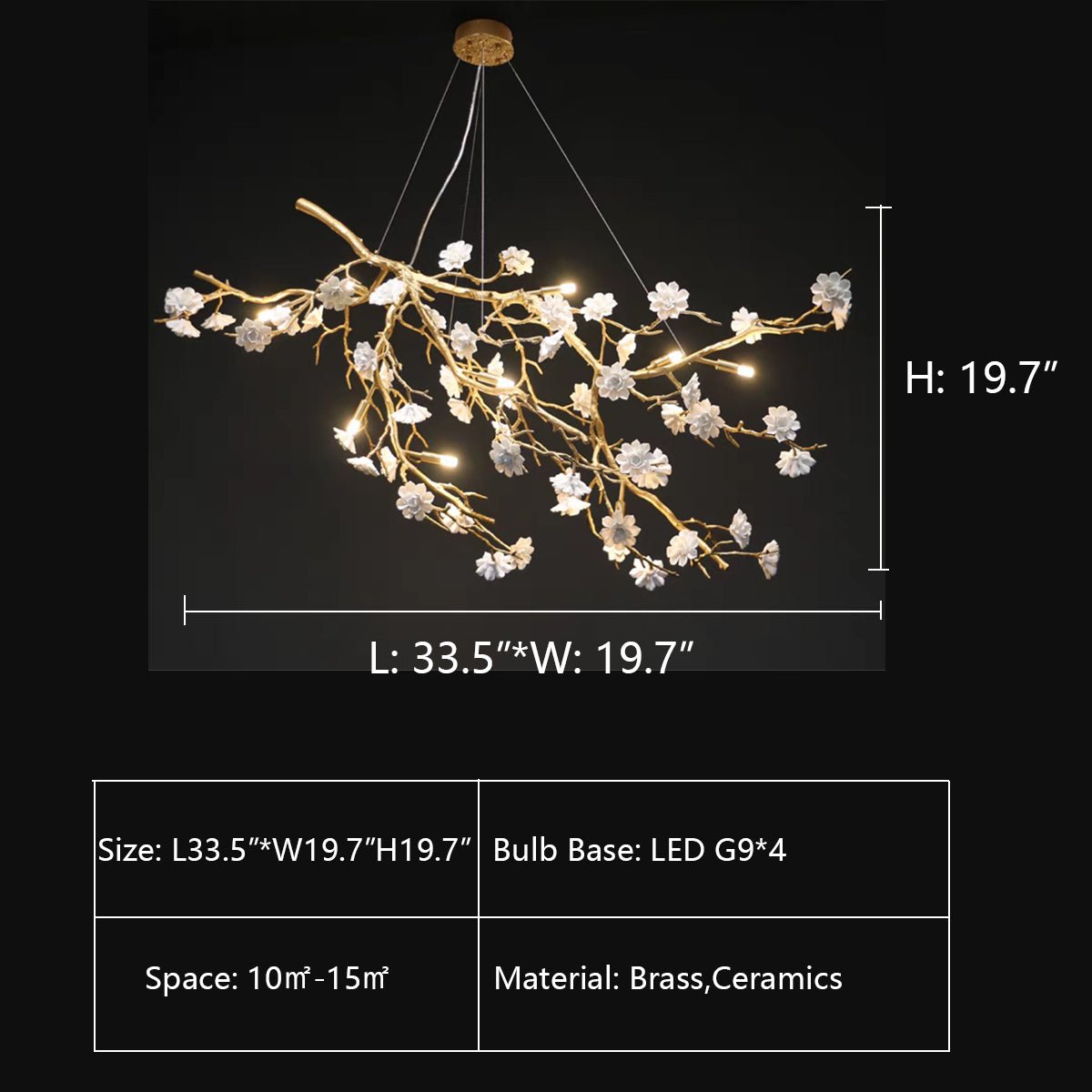 Post - Modern Art Brass and Ceramics Flower Pendant Branch Chandelier for Living/Dining Room - L49.2"*W19.7"*H21.7"Warm Lightcasivra