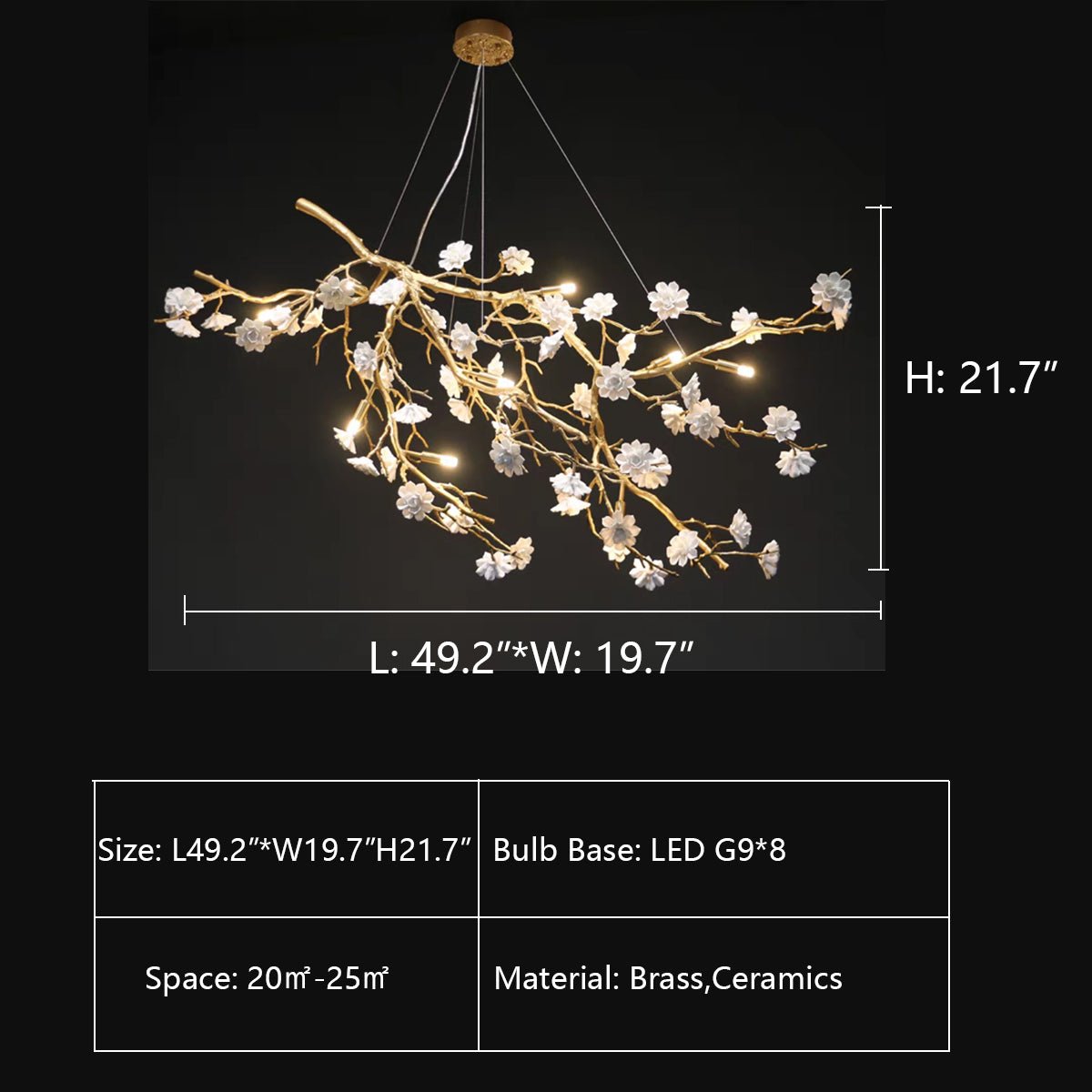 Post - Modern Art Brass and Ceramics Flower Pendant Branch Chandelier for Living/Dining Room - L49.2"*W19.7"*H21.7"Warm Lightcasivra