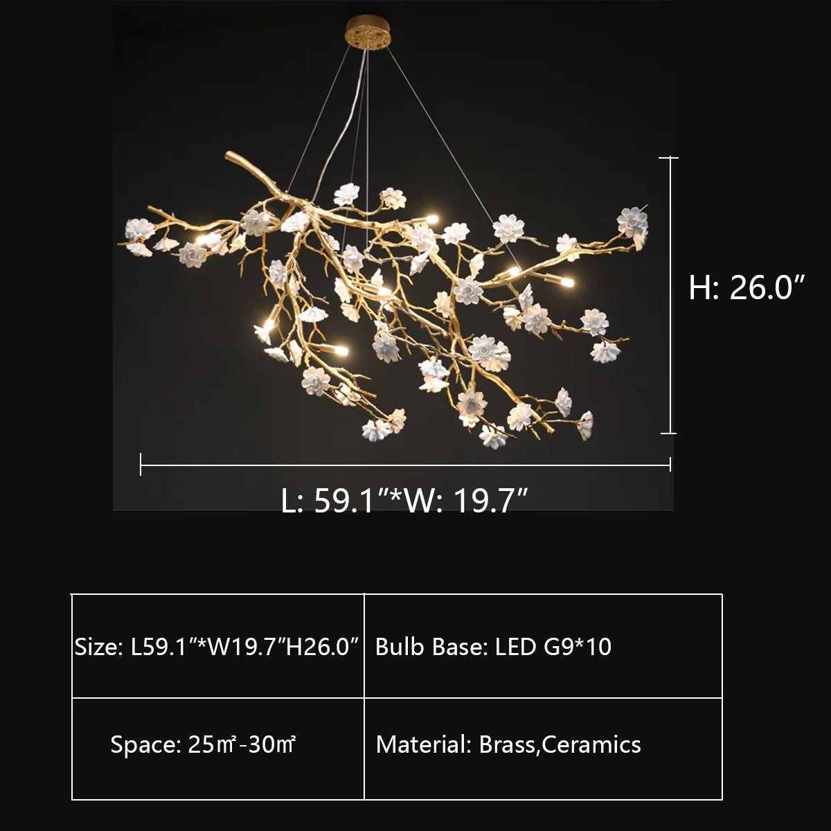 Post - Modern Art Brass and Ceramics Flower Pendant Branch Chandelier for Living/Dining Room - L49.2"*W19.7"*H21.7"Warm Lightcasivra