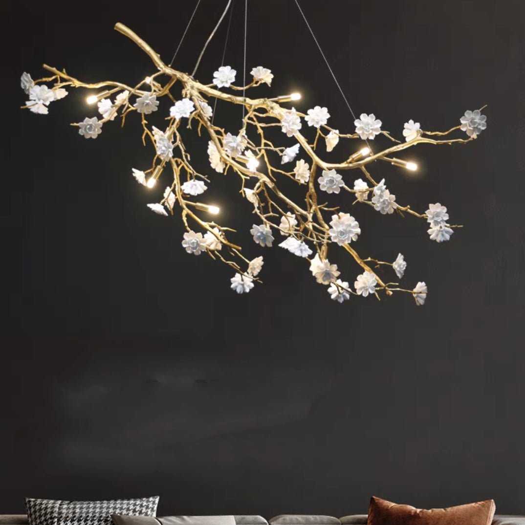 Post - Modern Art Brass and Ceramics Flower Pendant Branch Chandelier for Living/Dining Room - L41.3"*W19.7"*H19.7"Warm Lightcasivra
