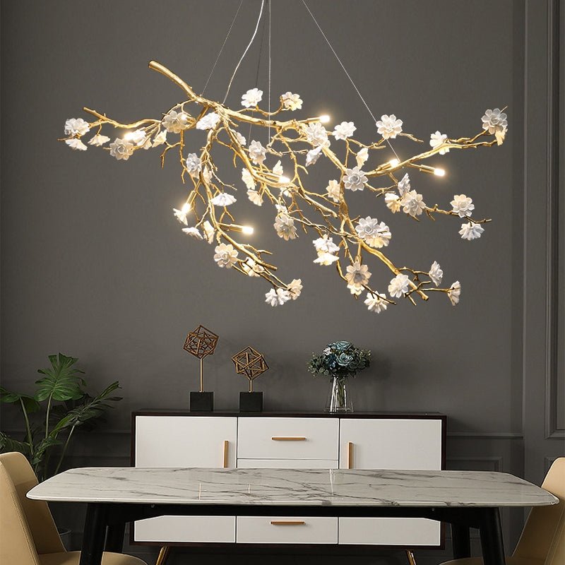 Post - Modern Art Brass and Ceramics Flower Pendant Branch Chandelier for Living/Dining Room - L59.1"*W19.7"*H26.0"/62.2kgWarm Lightcasivra