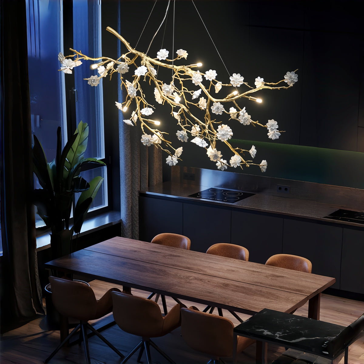 Post - Modern Art Brass and Ceramics Flower Pendant Branch Chandelier for Living/Dining Room - L49.2"*W19.7"*H21.7"Warm Lightcasivra