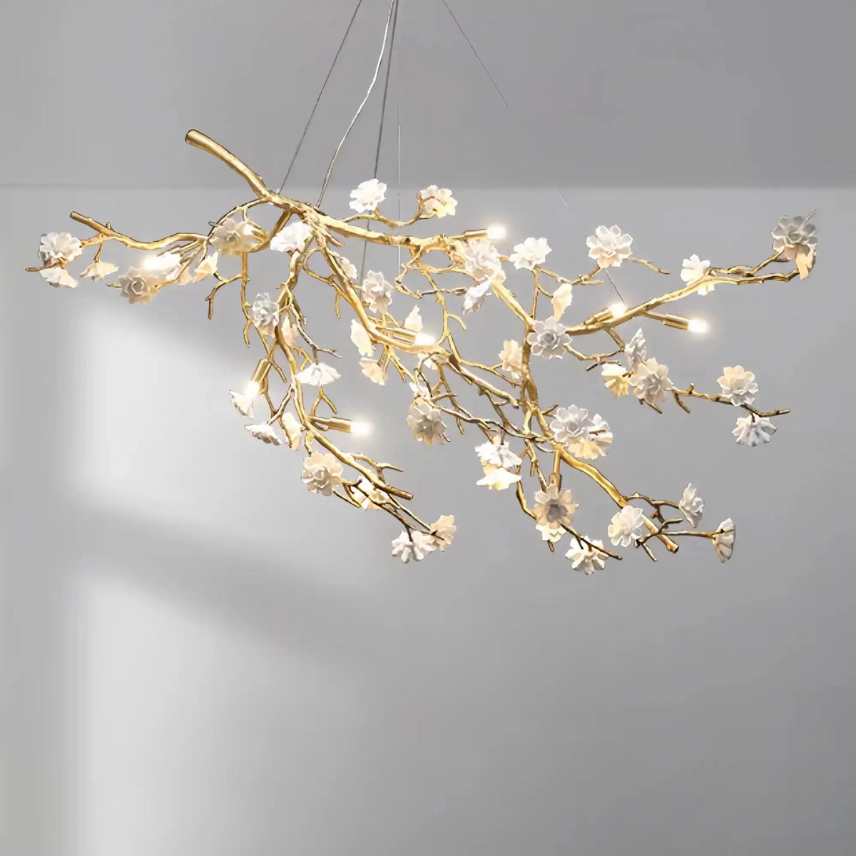 Post - Modern Art Brass and Ceramics Flower Pendant Branch Chandelier for Living/Dining Room - L49.2"*W19.7"*H21.7"Warm Lightcasivra