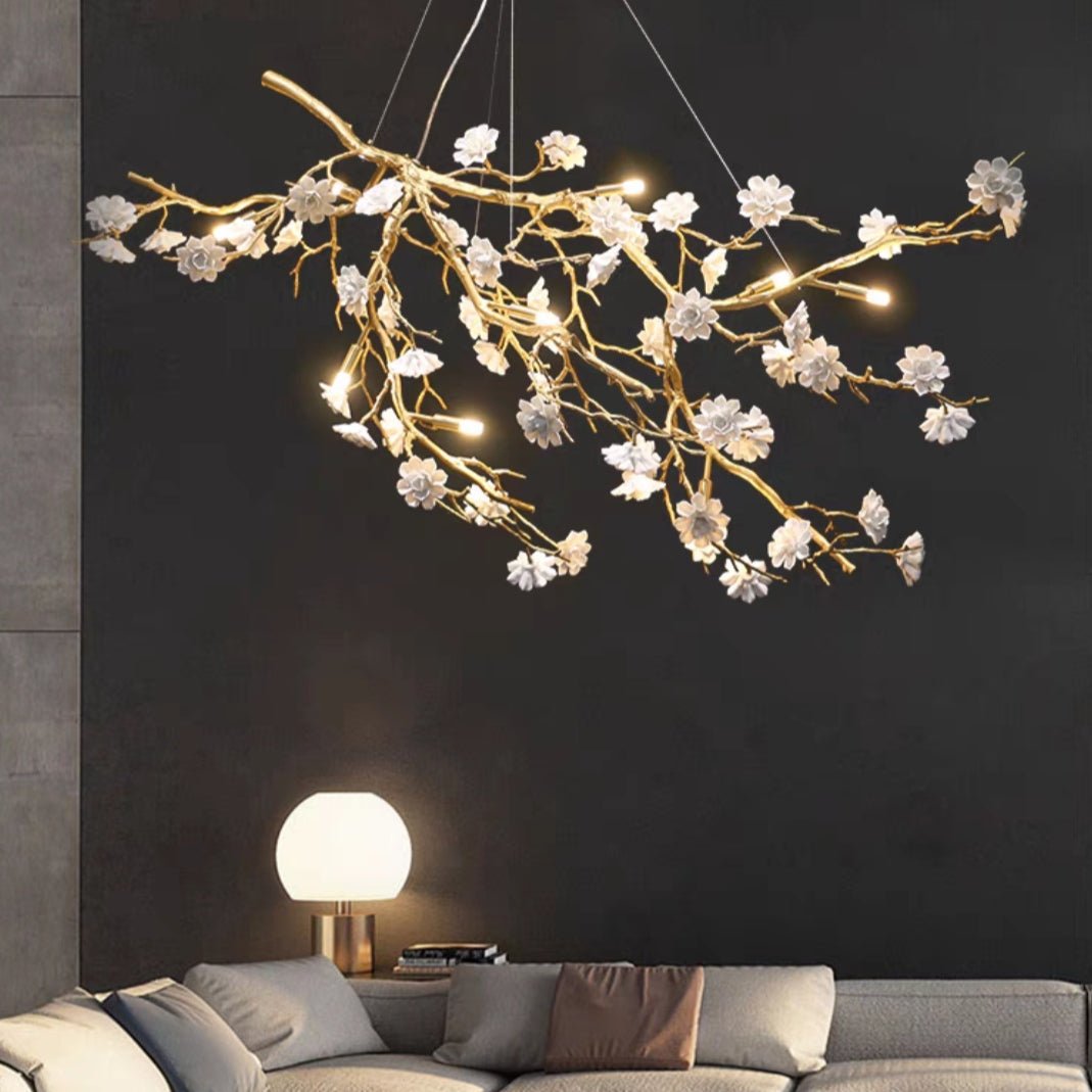 Post - Modern Art Brass and Ceramics Flower Pendant Branch Chandelier for Living/Dining Room - L33.5"*W19.7"*H19.7"Warm Lightcasivra