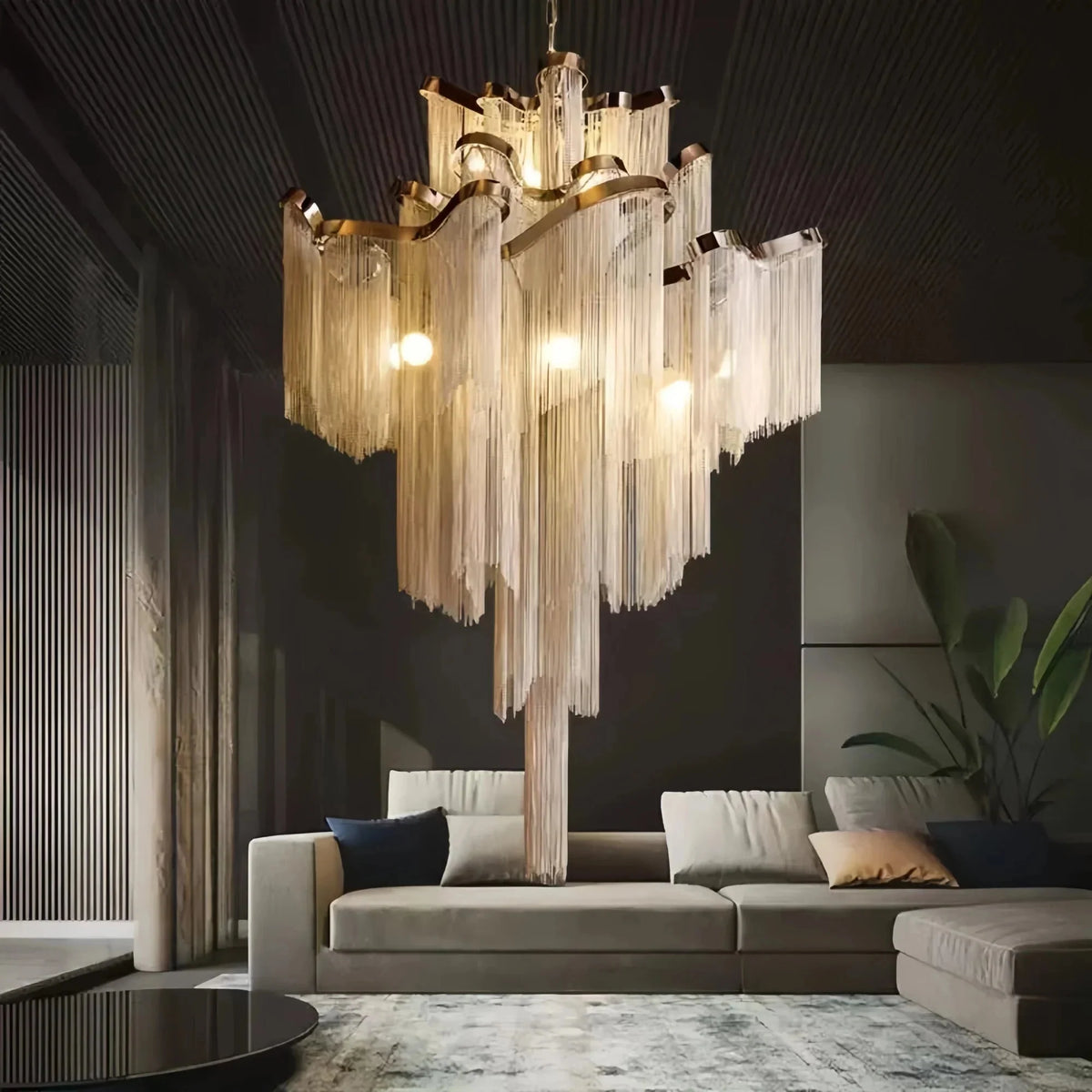 Post - Modern Extra Large Stainless Steel Long Tassel Chandelier - D47.2"*H47.2"SilverWarm Lightcasivra