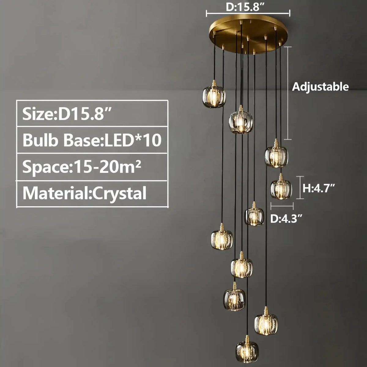 Post - modern Extra - long Pendant Light Fixtures for Staircase/High - ceiling Space/Foyer - 10 Lights: D15.8"AmberWarm Lightcasivra
