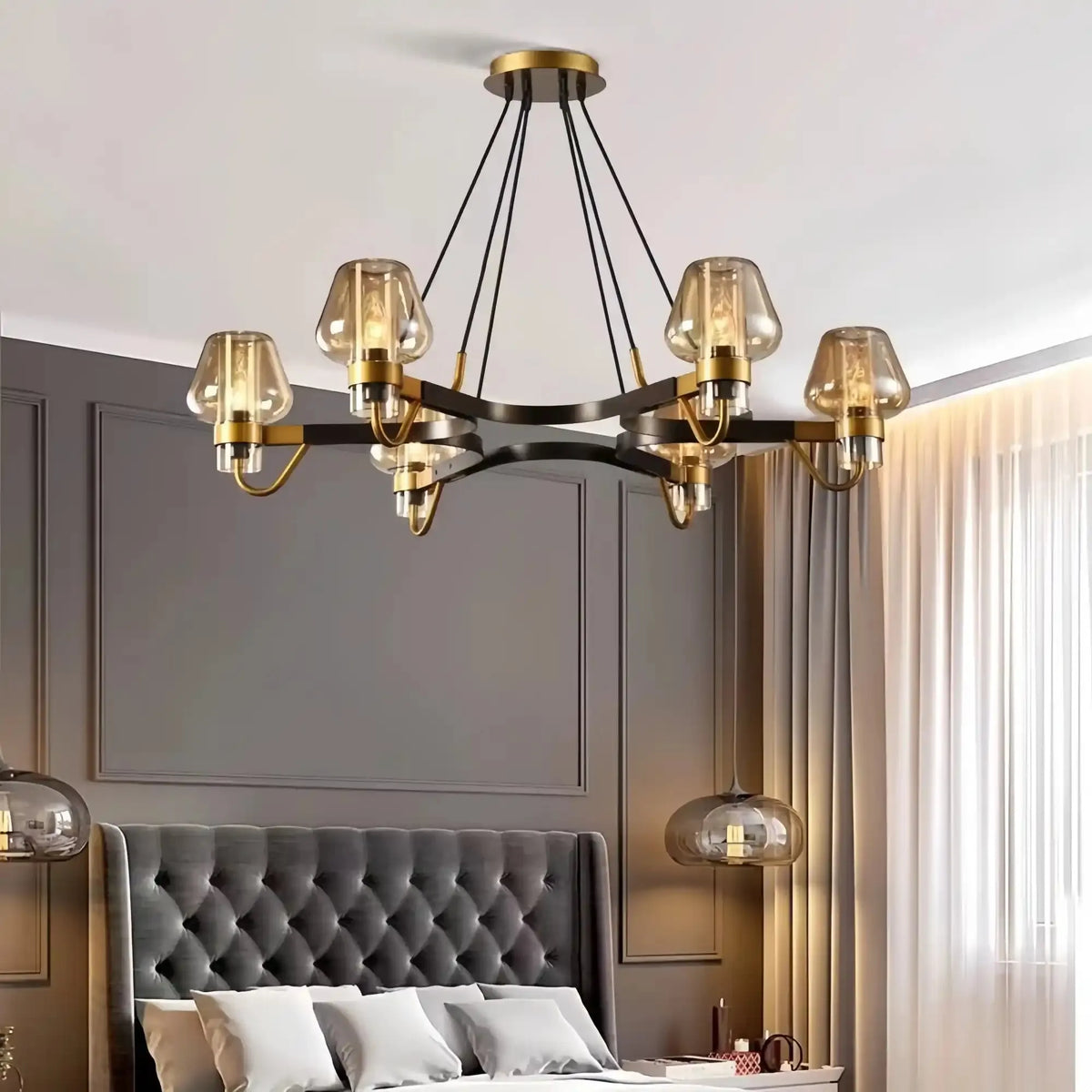 Post - modern Light Luxury Full Brass Chandelier for Living Room/Bedroom - 6 Lights: D35.8"*H8.7"/15kgSmoky GreyWarm Lightcasivra