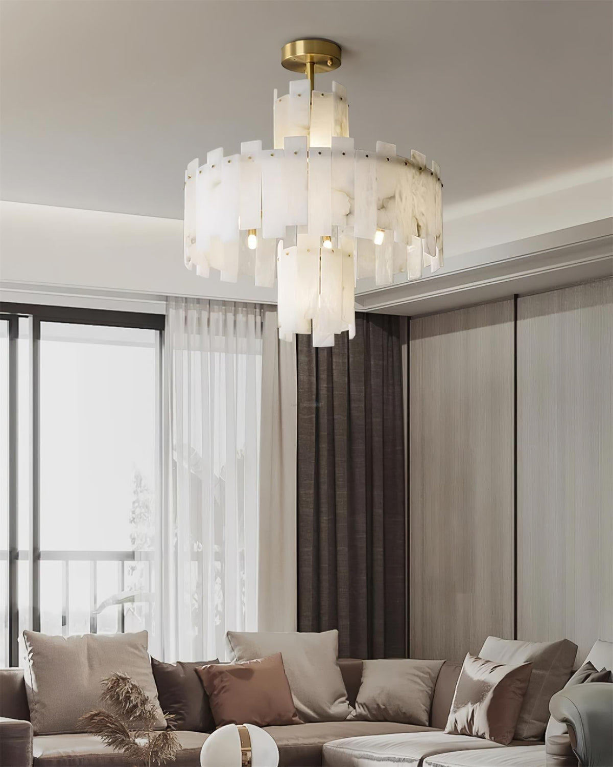 Regina Alabaster Round Chandelier - 23.6" x H 26.7" / Dia 60cm x H 68cmBrass & White Alabastercasivra