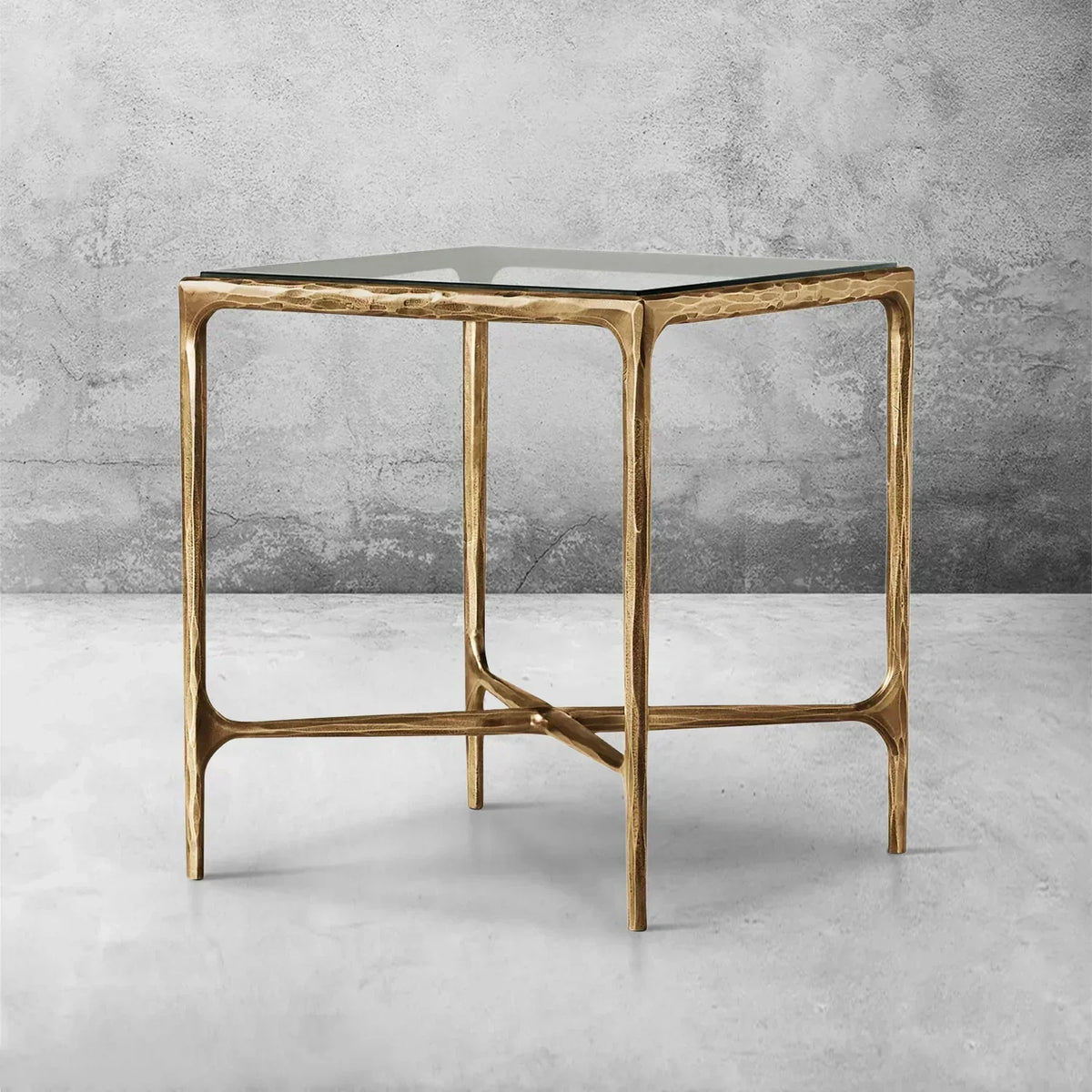 Hand-Forged Metal Glass Square Side Table 18" 22"