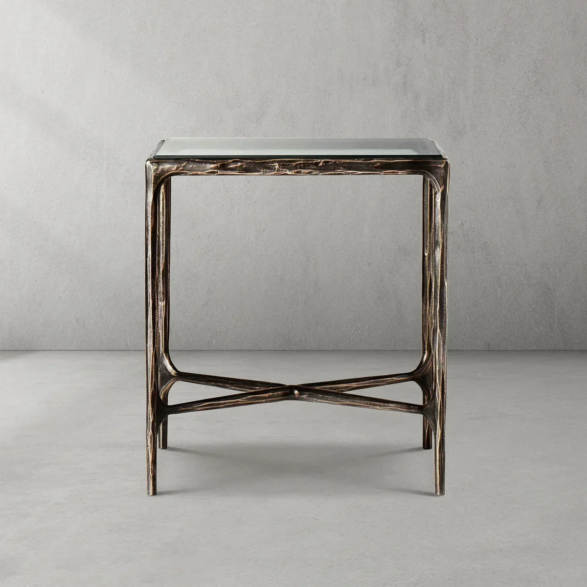 Hand-Forged Metal Glass Square Side Table 18" 22"