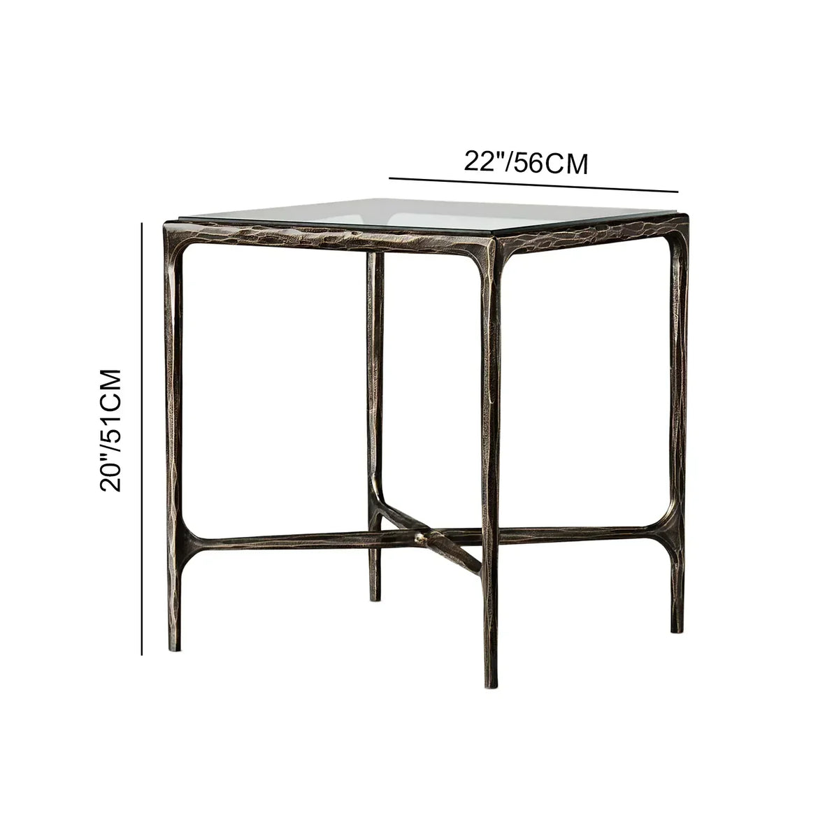 Hand-Forged Metal Glass Square Side Table 18" 22"