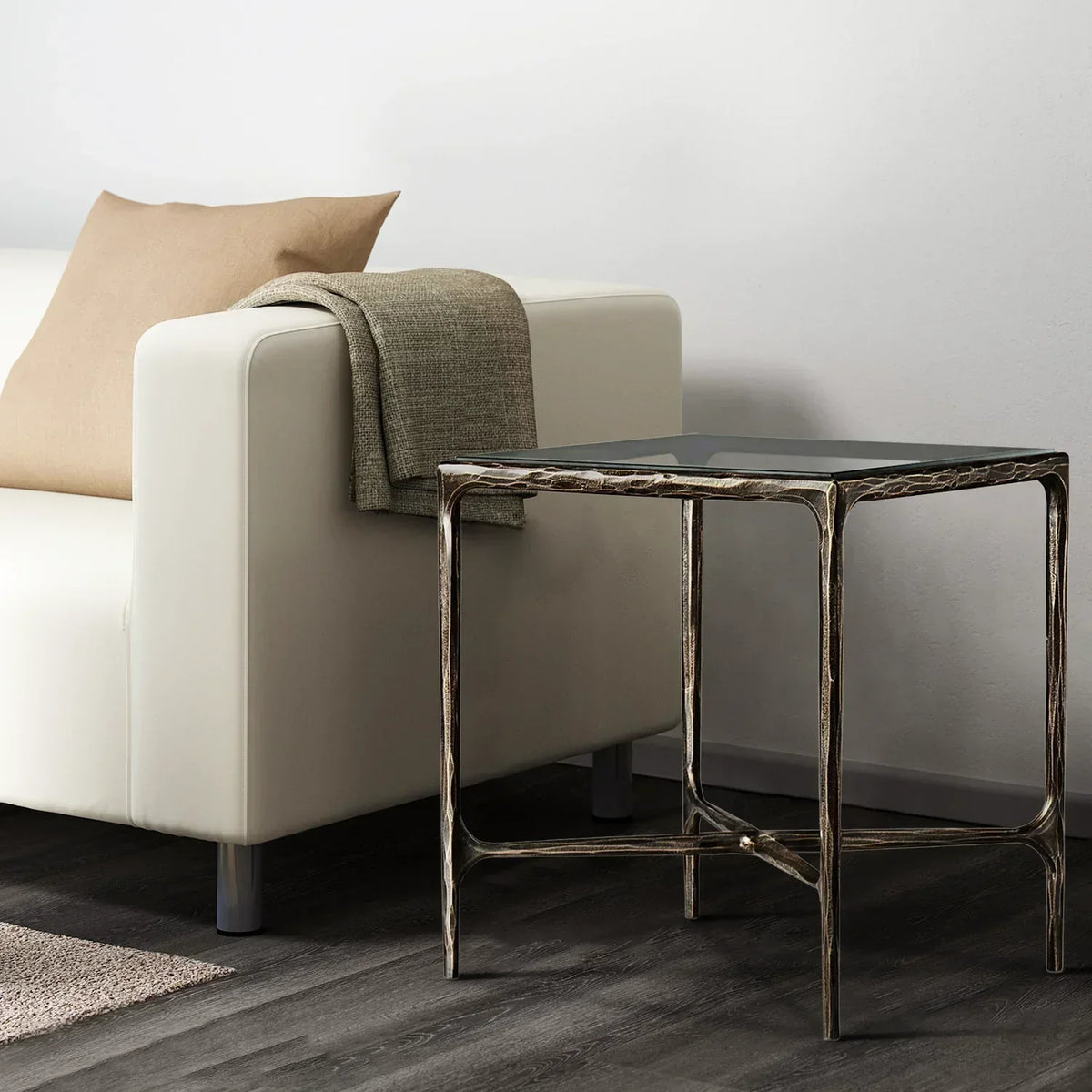 Hand-Forged Metal Glass Square Side Table 18" 22"