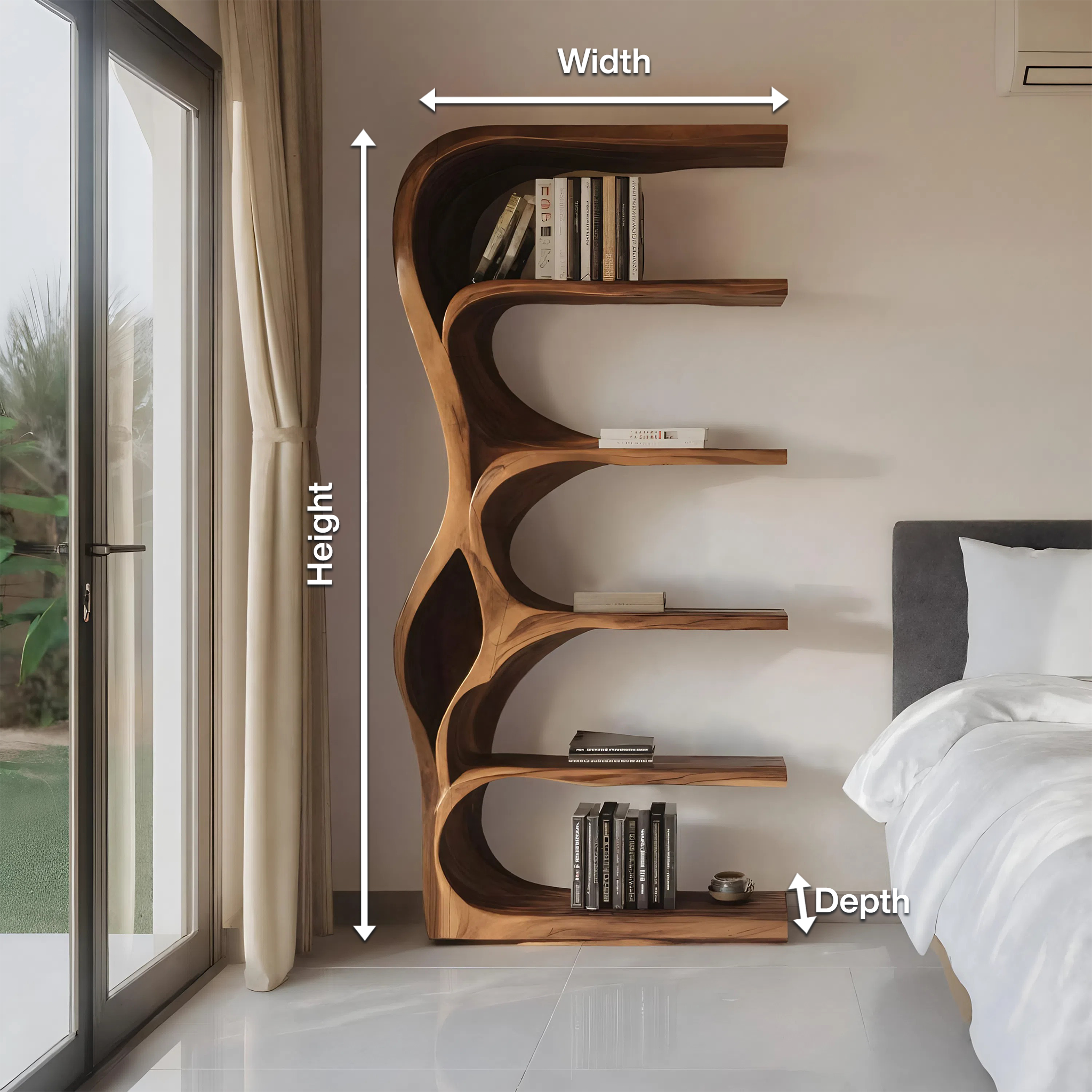 Organic Bookshelf With Curved Open Shelving For Bedroom Decor