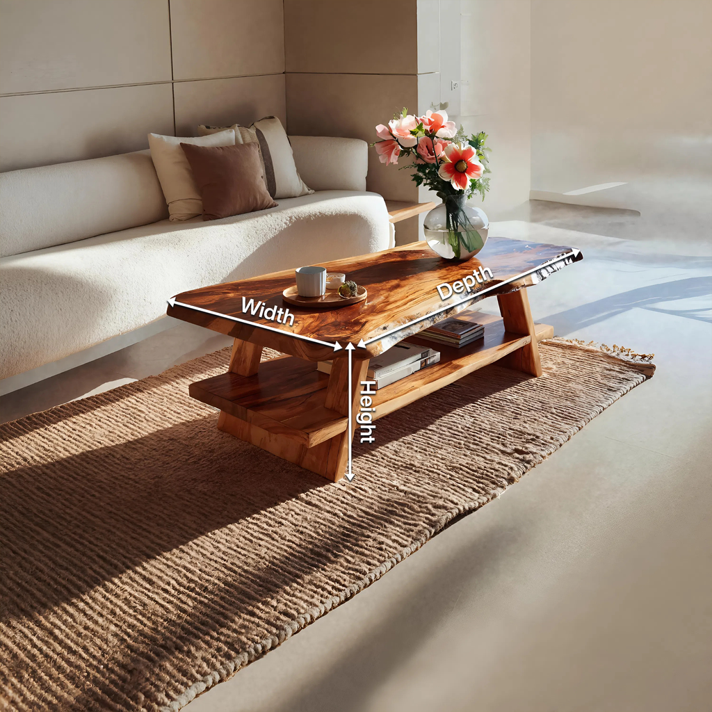 Handcrafted Coffee Table Live Edge And Lower Shelf For Living