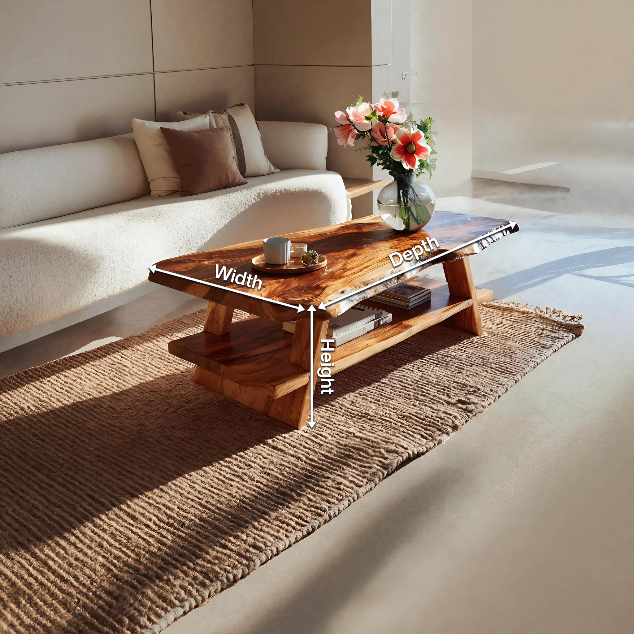 Handcrafted Coffee Table Live Edge And Lower Shelf For Living