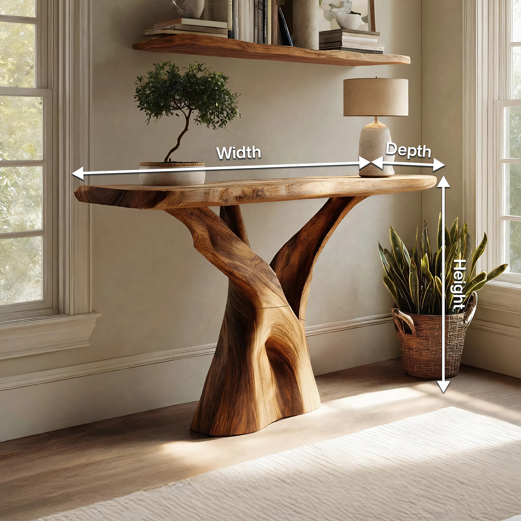 Mid Century Solid Wood Console Table Organic Form For Furniture Decor