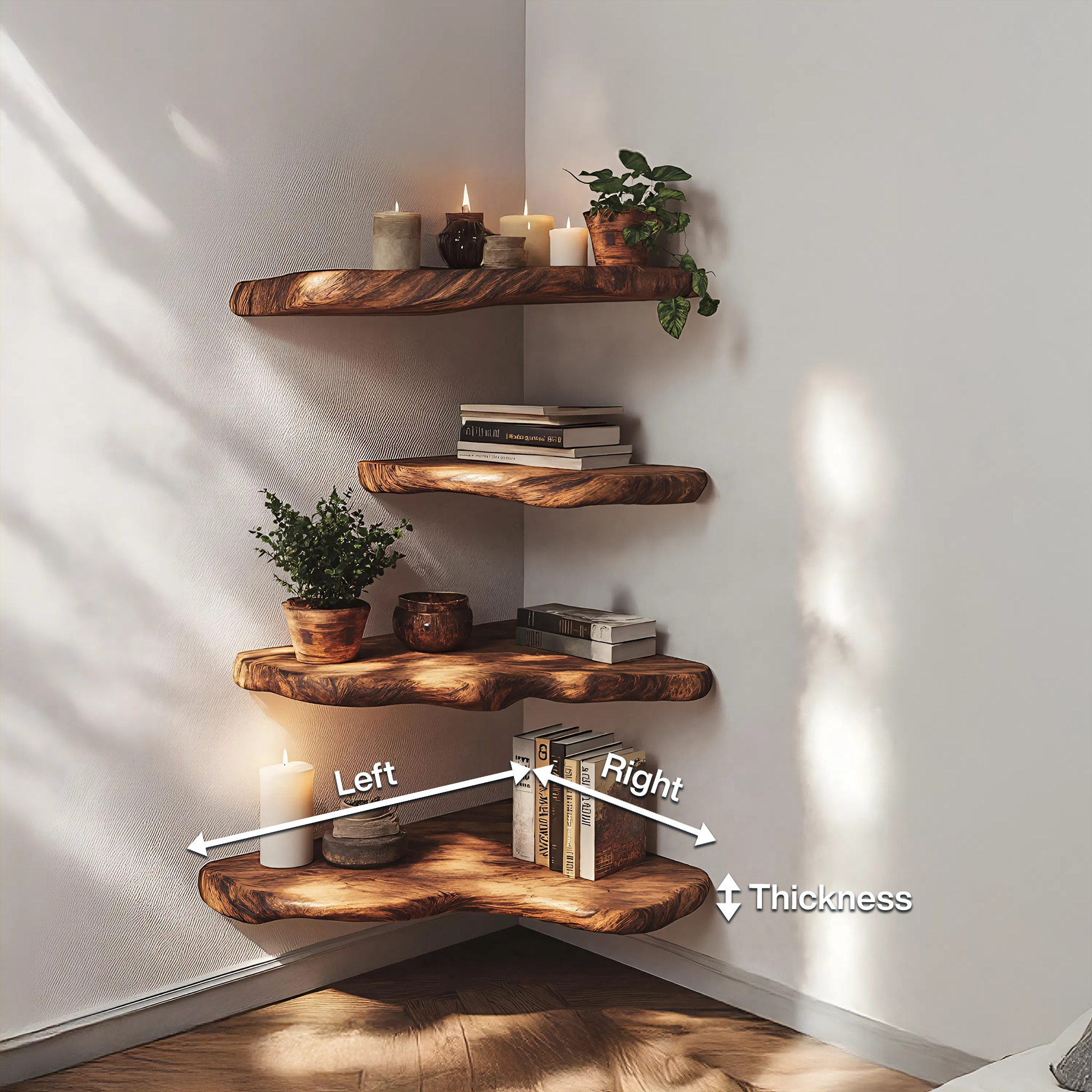 Mid Century Wooden Live Edge Corner Shelf For Living Room Decor