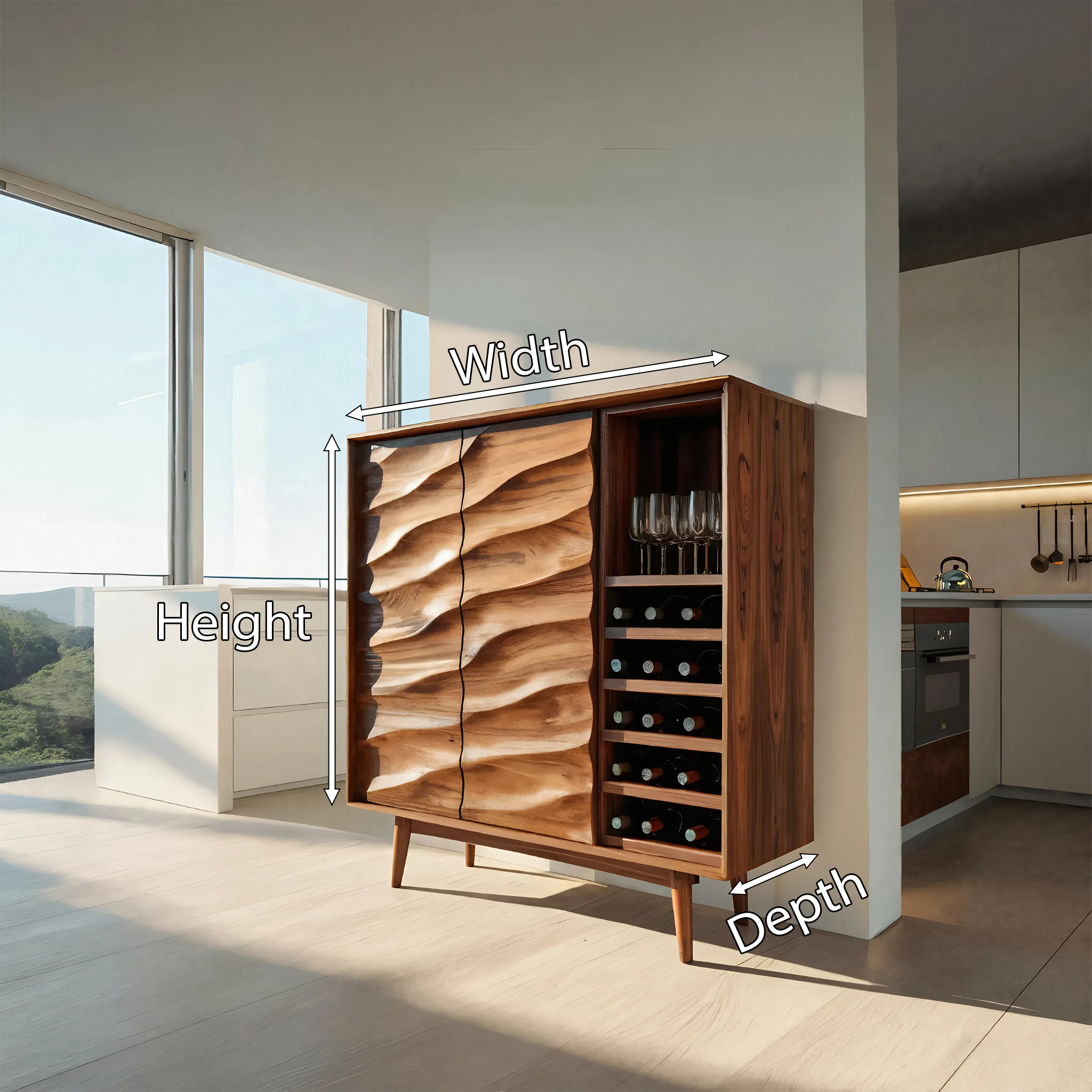Modern Wine Cabinet With Wave Carved Doors For Kitchen Area