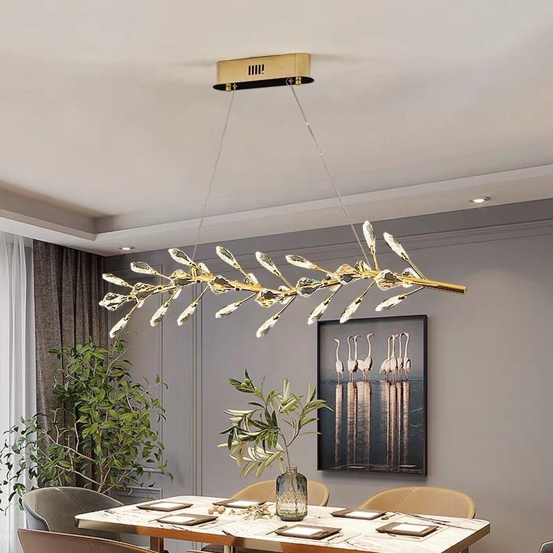 Sleek Modern Branch Crystal Leaves Linear Chandelier for Kitchen Island and Dining Room - L39.4"(L100cm)Warm Lightcasivra