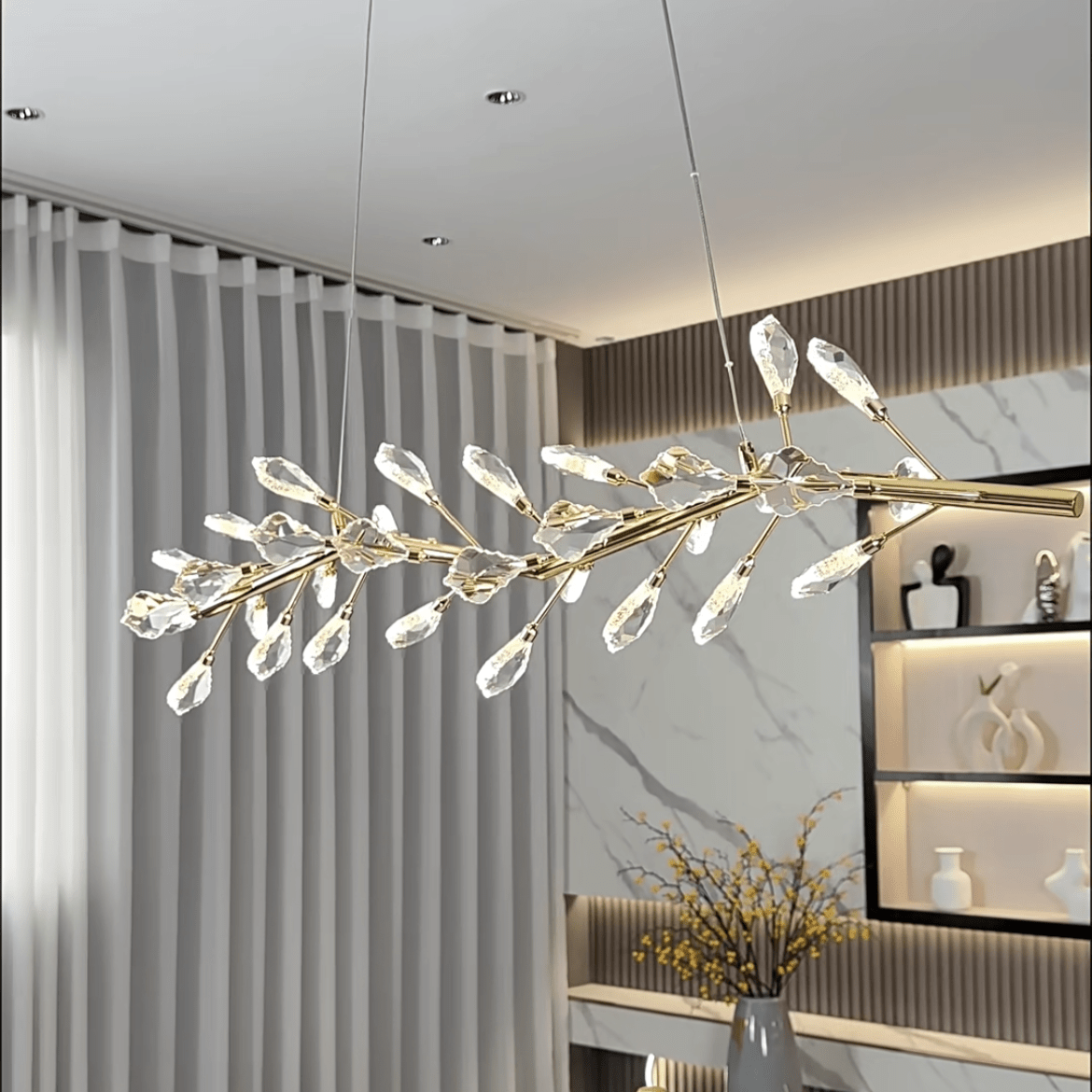 Sleek Modern Branch Crystal Leaves Linear Chandelier for Kitchen Island and Dining Room - L39.4"(L100cm)Warm Lightcasivra