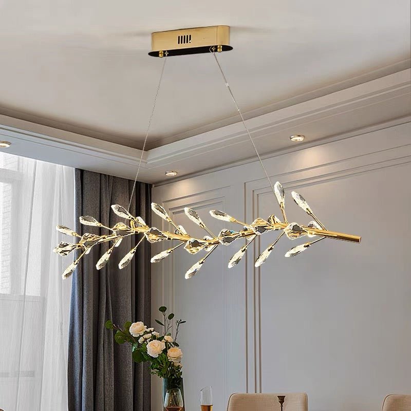 Sleek Modern Branch Crystal Leaves Linear Chandelier for Kitchen Island and Dining Room - L39.4"(L100cm)Warm Lightcasivra