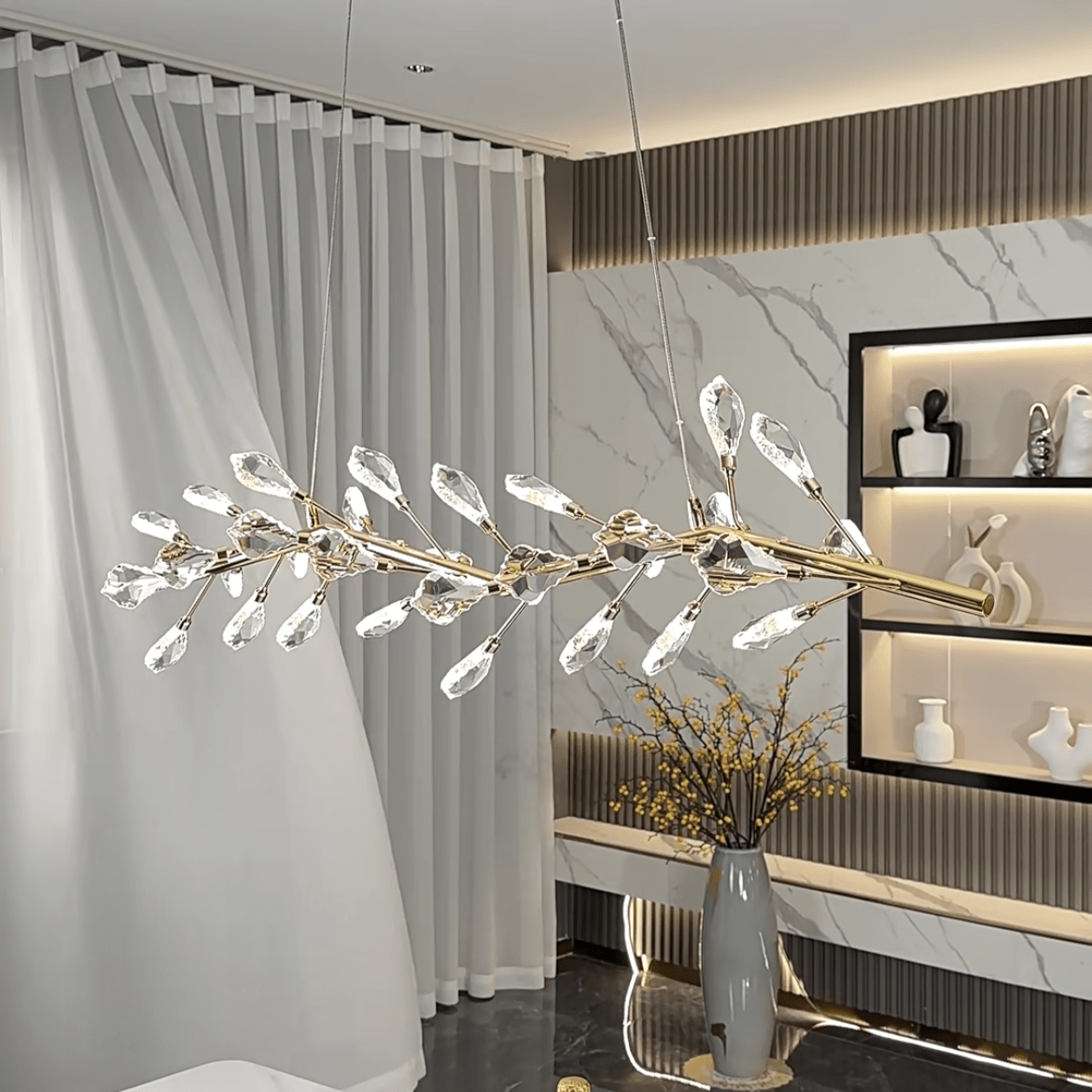 Sleek Modern Branch Crystal Leaves Linear Chandelier for Kitchen Island and Dining Room - L39.4"(L100cm)Warm Lightcasivra