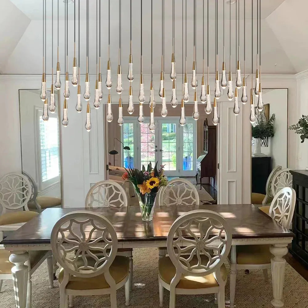 Soltaire Linear Chandelier - Raindrop Pendant Lighting in brass - dining room lighting