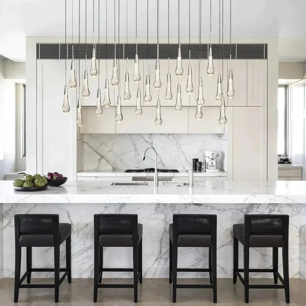 Soleil Linear Chandelier - Raindrop Pendant Lighting - brass finish, modern home lighting