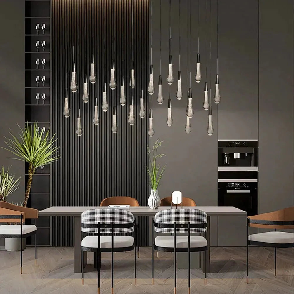 Soleil Linear Chandelier - Raindrop Pendant Lighting styled in a modern dining room