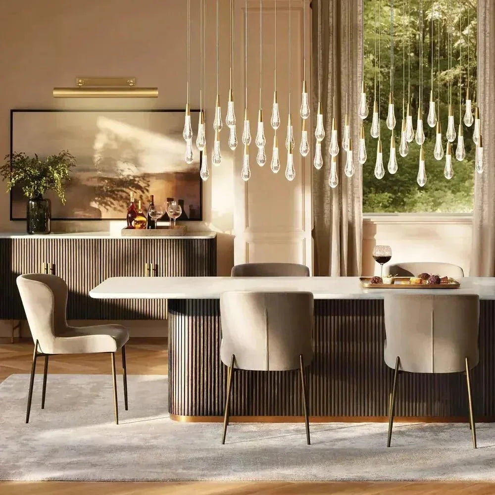 Soleil Linear Chandelier - Raindrop Pendant Lighting in brass by Blush Lighting