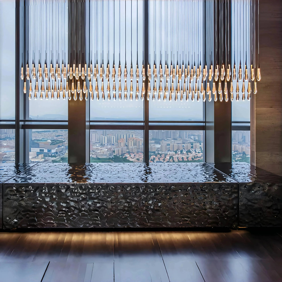 Soltaire Linear Chandelier - Raindrop Pendant Lighting - brass finish, modern home lighting