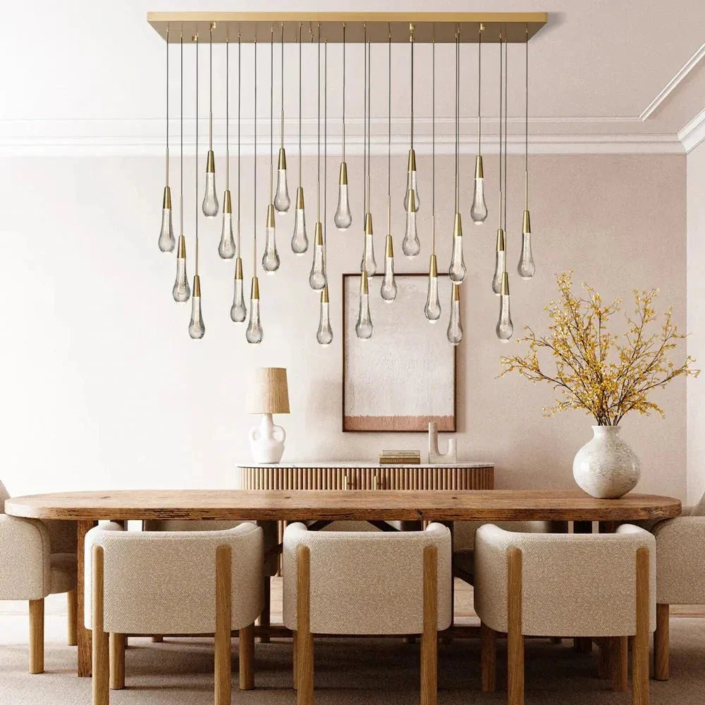 Soleil Linear Chandelier - Raindrop Pendant Lighting in brass - modern dining room lighting