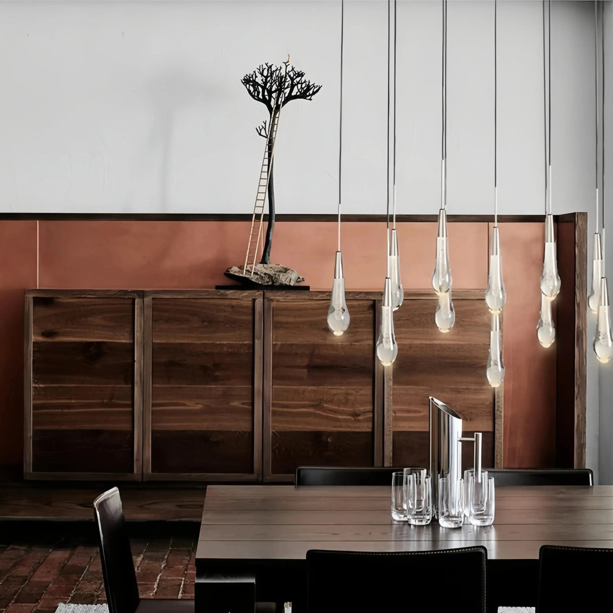 Soltaire Linear Chandelier - Raindrop Pendant Lighting in brass by Blush Lighting