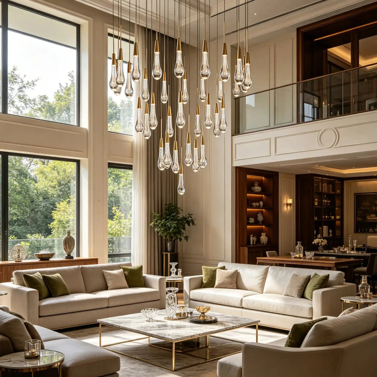Soleil Round Chandelier 17" 24" 36" 48" 58" | Modern Pendant Light Raindrop Chandelier - 34-Light 36"Brasscasivra
