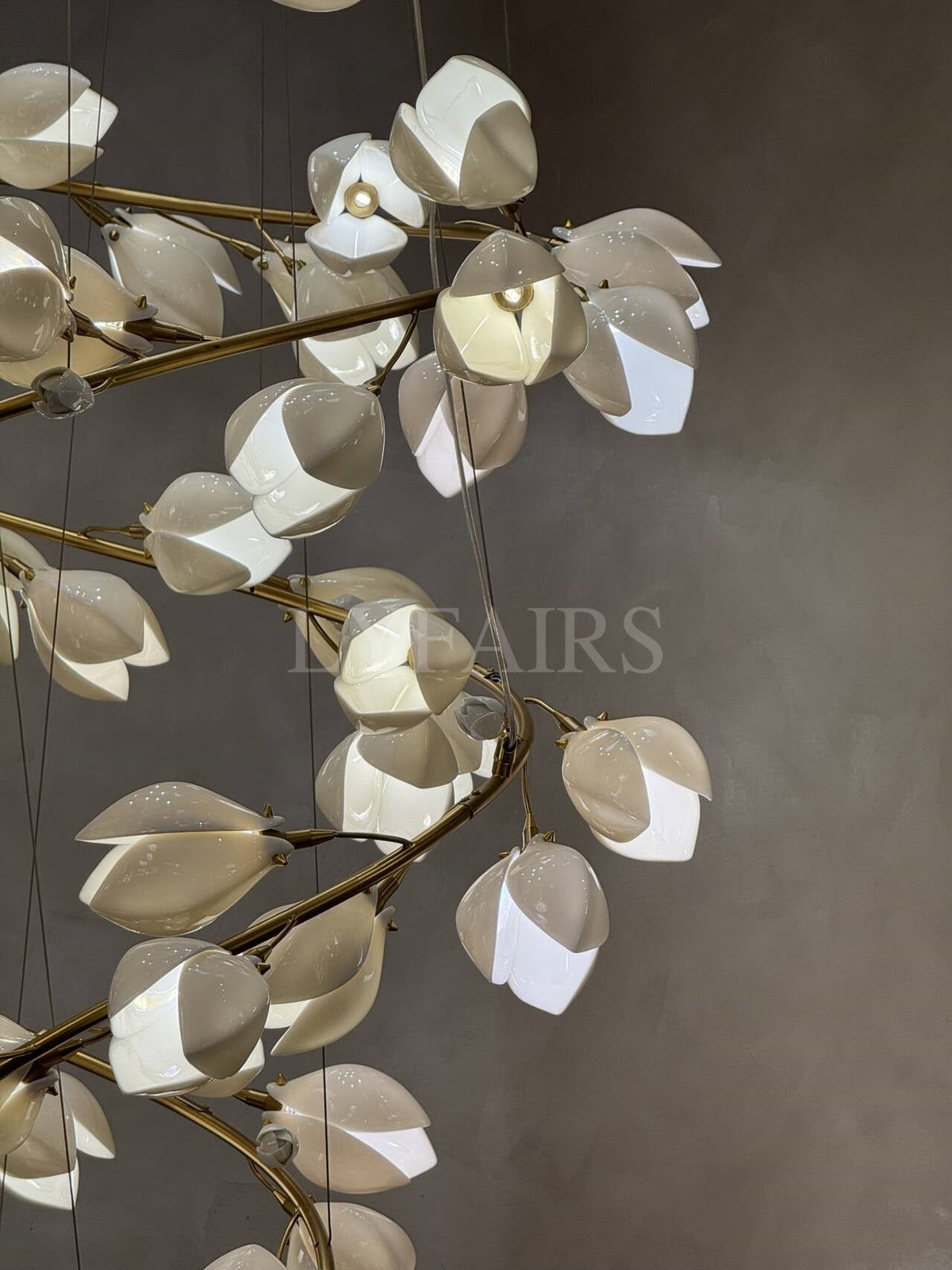 Spiral Pure White Magnolia Chandelier with Golden Branches for Staircase/High - ceiling Space/Foyer/ Duplex - D31.5"*H70.9"/36.9KgWarm Lightcasivra