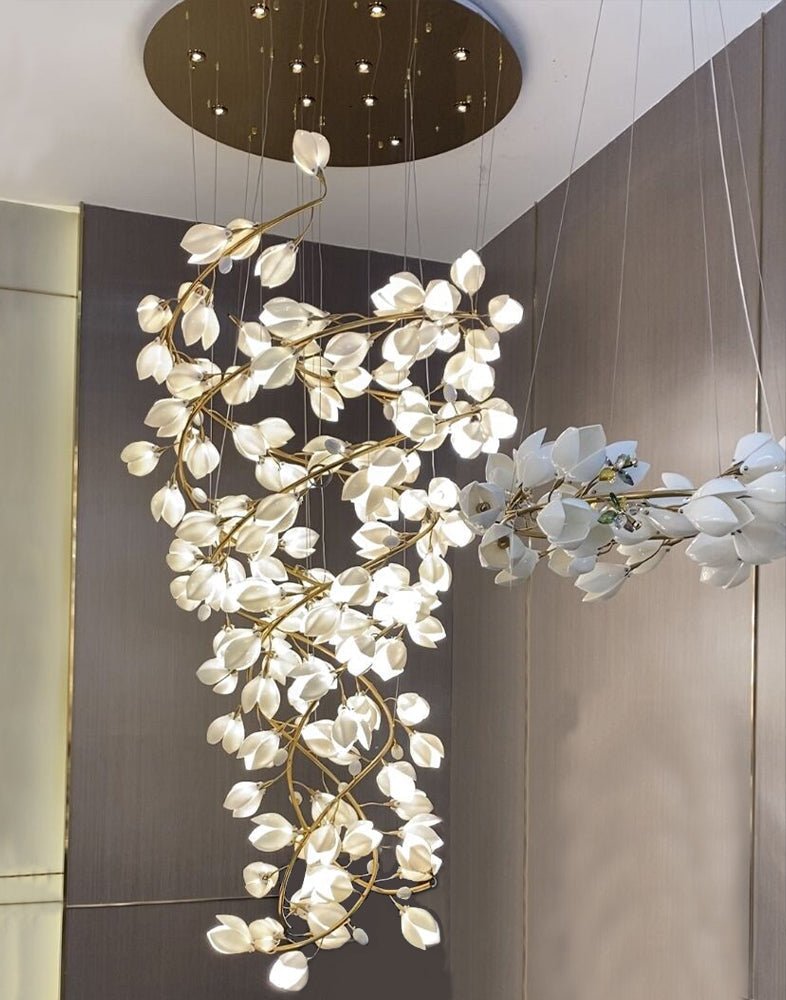 Spiral Pure White Magnolia Chandelier with Golden Branches for Staircase/High - ceiling Space/Foyer/ Duplex - D31.5"*H70.9"/36.9KgWarm Lightcasivra
