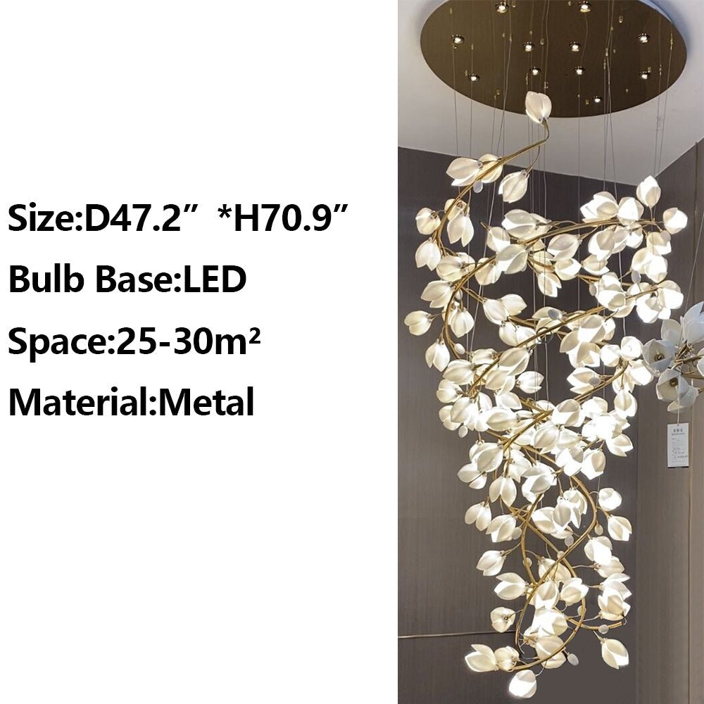 Spiral Pure White Magnolia Chandelier with Golden Branches for Staircase/High - ceiling Space/Foyer/ Duplex - D31.5"*H70.9"/36.9KgWarm Lightcasivra