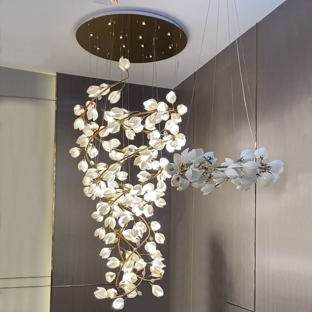 Spiral Pure White Magnolia Chandelier with Golden Branches for Staircase/High - ceiling Space/Foyer/ Duplex - D31.5"*H70.9"/36.9KgWarm Lightcasivra