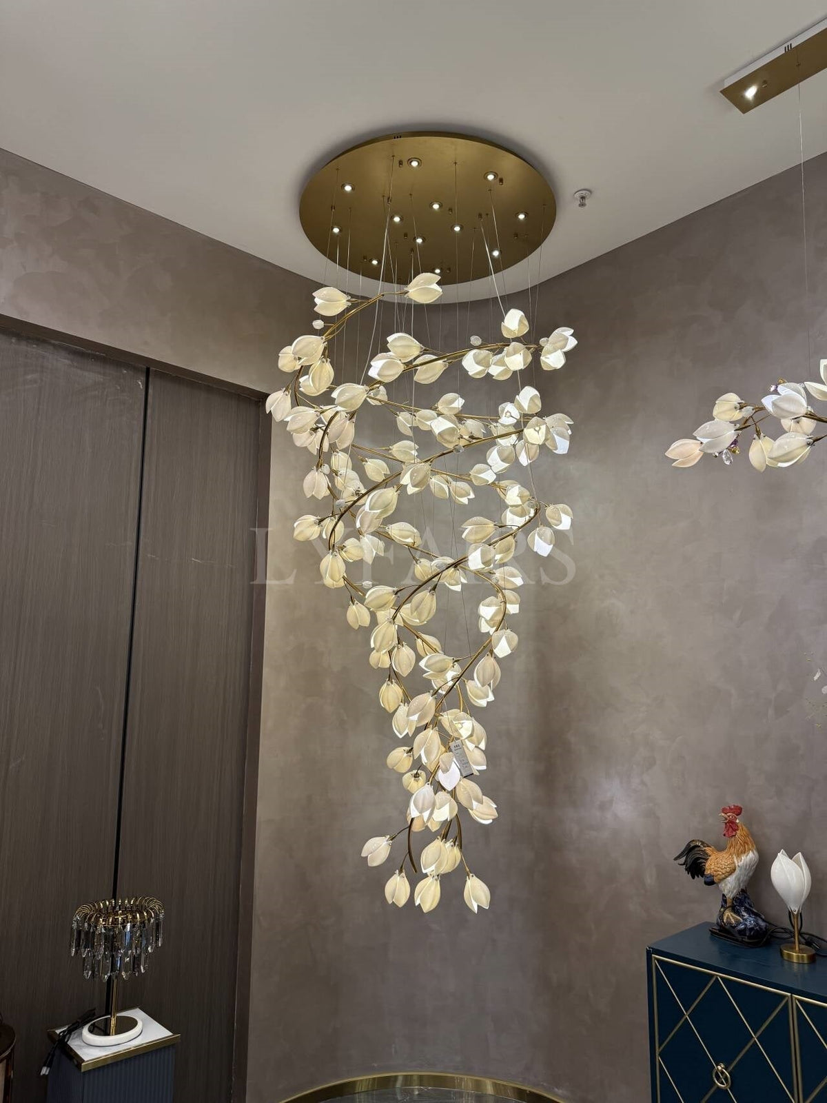 Spiral Pure White Magnolia Chandelier with Golden Branches for Staircase/High - ceiling Space/Foyer/ Duplex - D31.5"*H70.9"/36.9KgWarm Lightcasivra