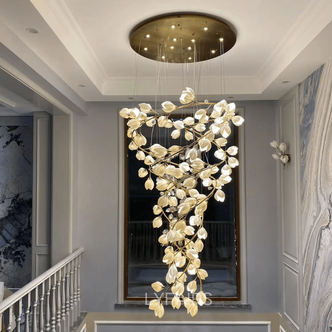 Spiral Pure White Magnolia Chandelier with Golden Branches for Staircase/High - ceiling Space/Foyer/ Duplex - D31.5"*H70.9"/36.9KgWarm Lightcasivra