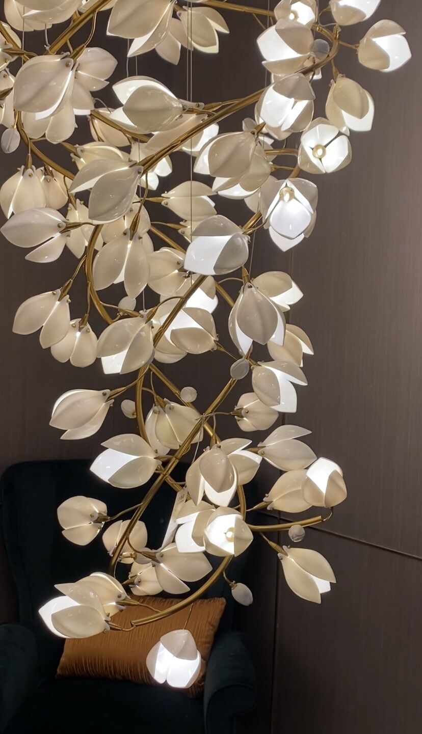Spiral Pure White Magnolia Chandelier with Golden Branches for Staircase/High - ceiling Space/Foyer/ Duplex - D31.5"*H70.9"/36.9KgWarm Lightcasivra