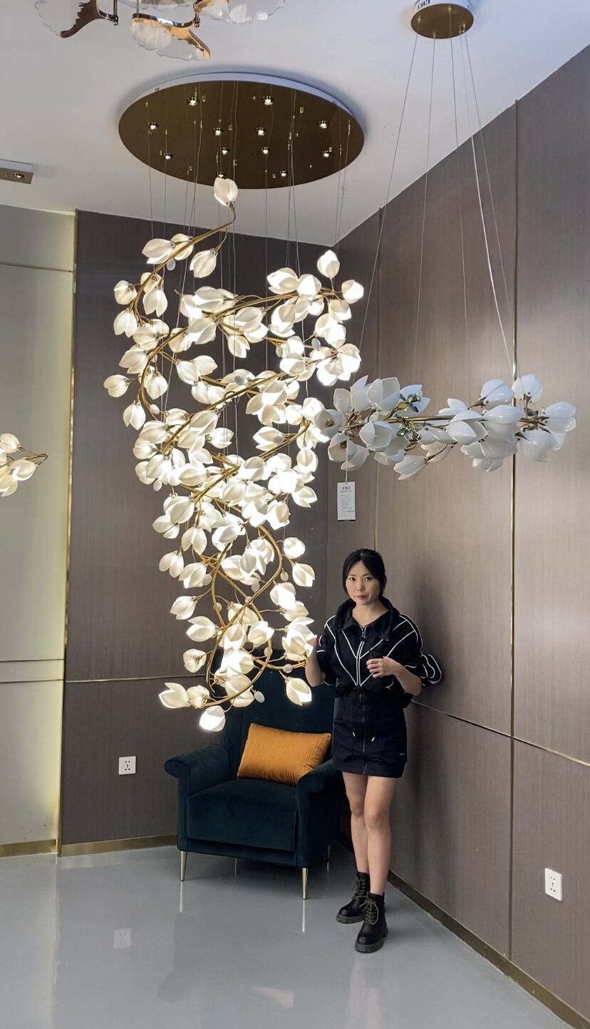 Spiral Pure White Magnolia Chandelier with Golden Branches for Staircase/High - ceiling Space/Foyer/ Duplex - D31.5"*H70.9"/36.9KgWarm Lightcasivra