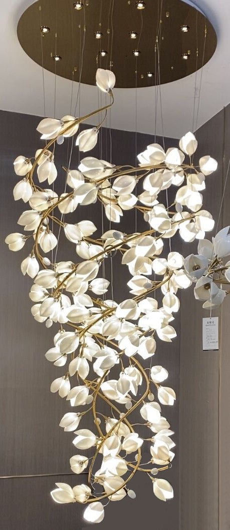 Spiral Pure White Magnolia Chandelier with Golden Branches for Staircase/High - ceiling Space/Foyer/ Duplex - D31.5"*H70.9"/36.9KgWarm Lightcasivra