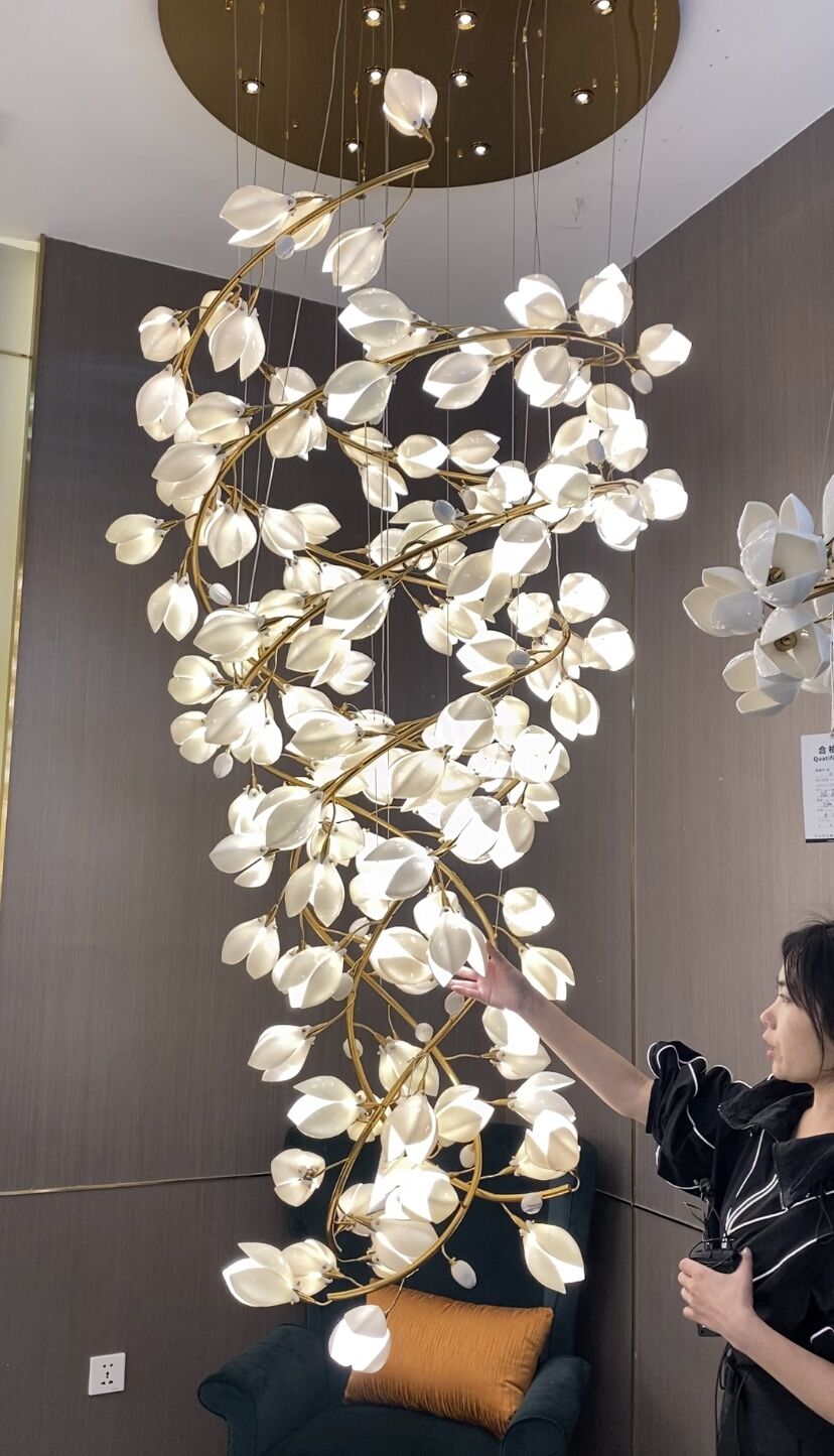 Spiral Pure White Magnolia Chandelier with Golden Branches for Staircase/High - ceiling Space/Foyer/ Duplex - D31.5"*H70.9"/36.9KgWarm Lightcasivra